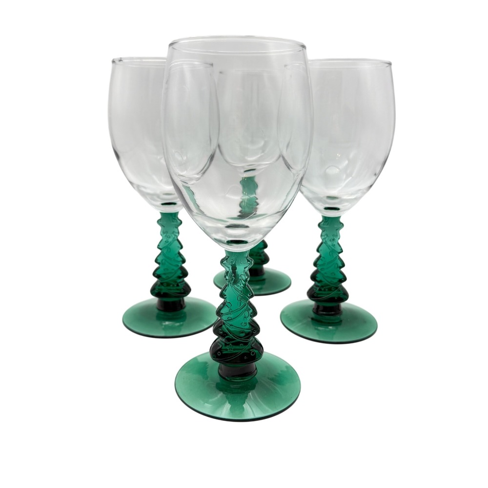 VTG‎ Libbey Christmas Tree Stem Wine Glasses Set of 4 Green Holiday dinner